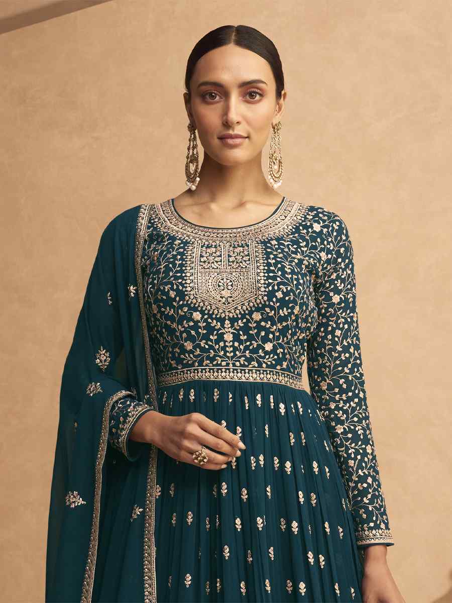 Teal Heavy Faux Georgatte Embroidered Festival Mehendi Anarkali Salwar Kameez