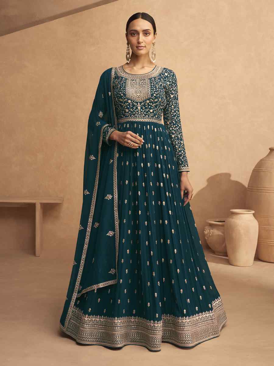 Teal Heavy Faux Georgatte Embroidered Festival Mehendi Anarkali Salwar Kameez