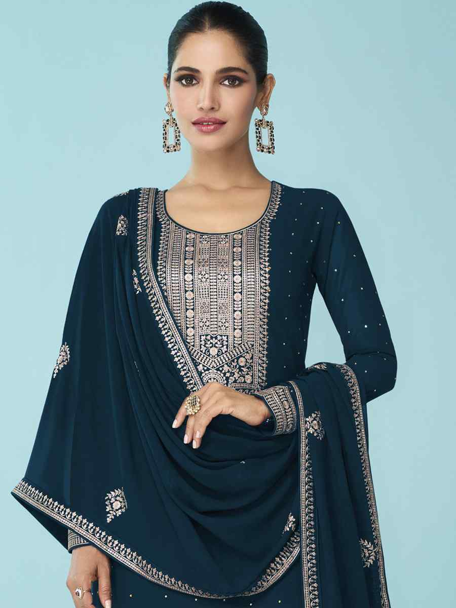 Teal Heavy Faux Georgette Embroidered Festival Party Pant Salwar Kameez