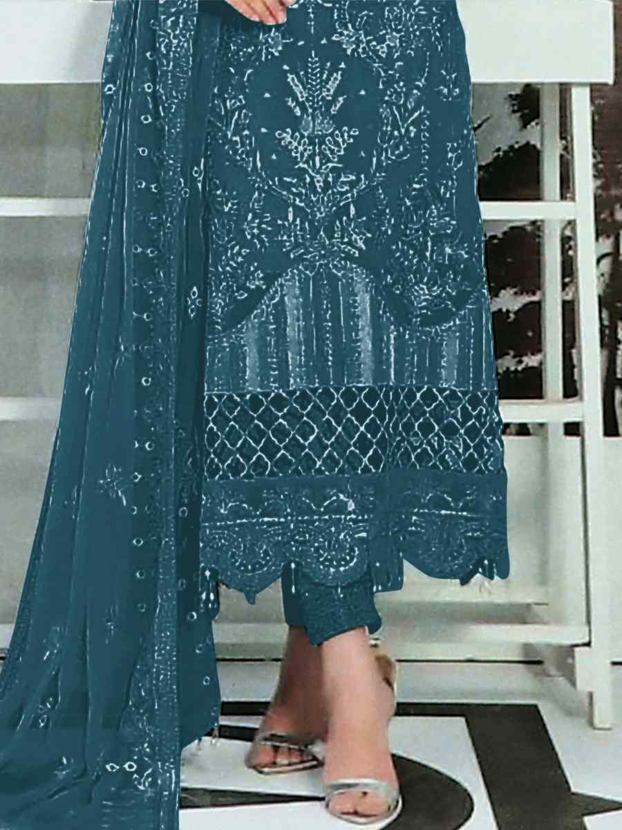 Teal Heavy Faux Georgette Embroidered Festival Party Pant Salwar Kameez