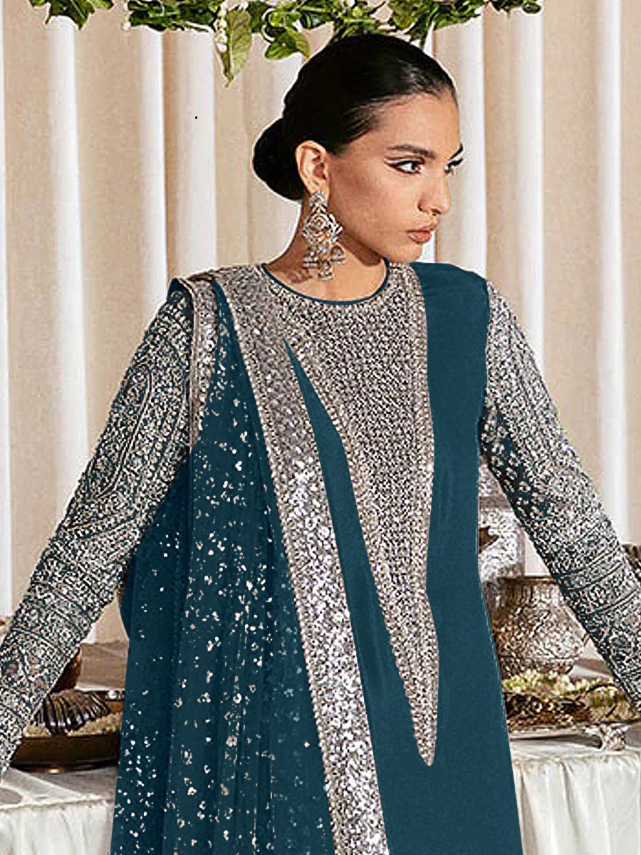 Teal Heavy Faux Georgette Embroidered Festival Party Pant Salwar Kameez