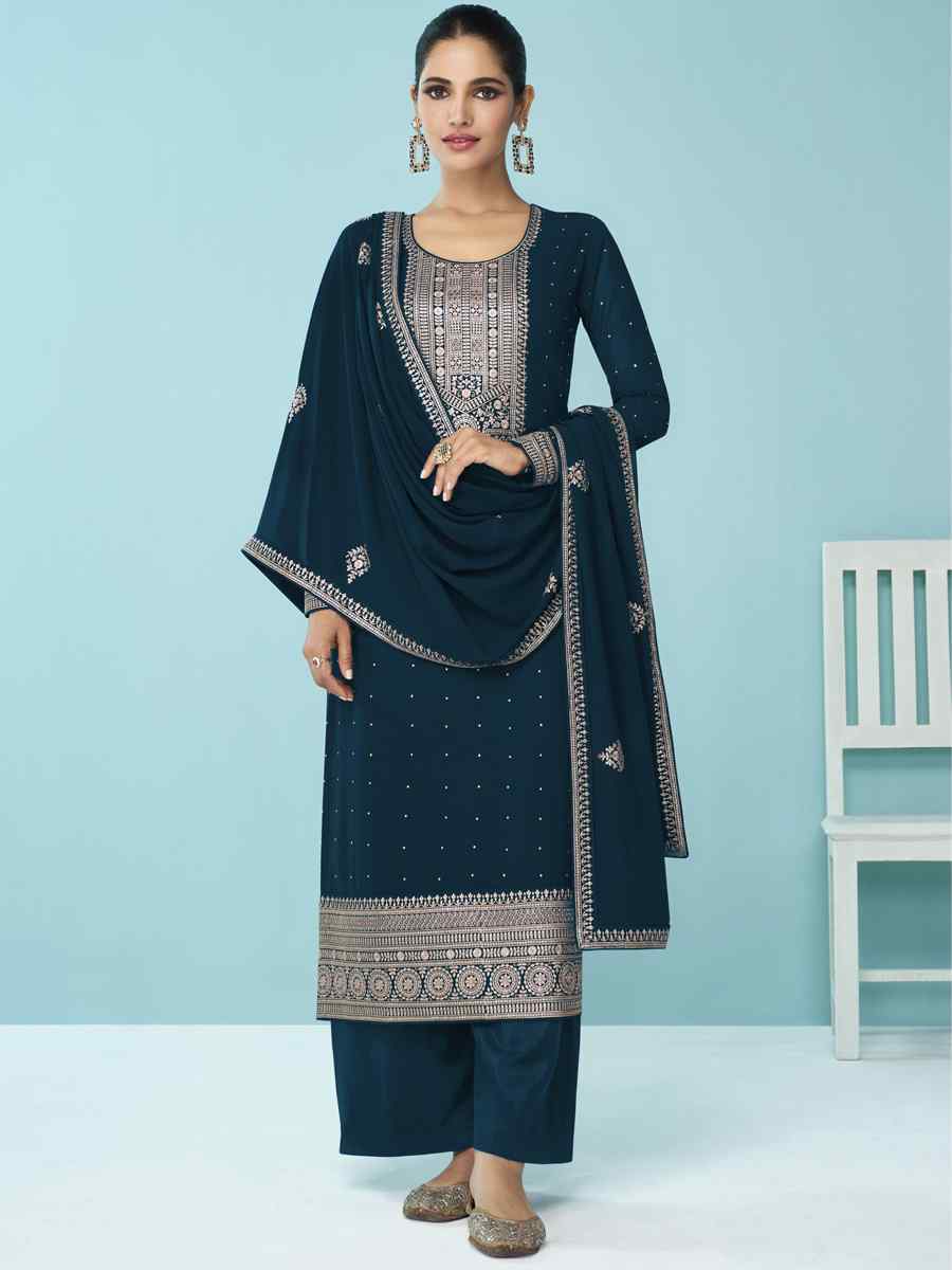 Teal Heavy Faux Georgette Embroidered Festival Party Pant Salwar Kameez