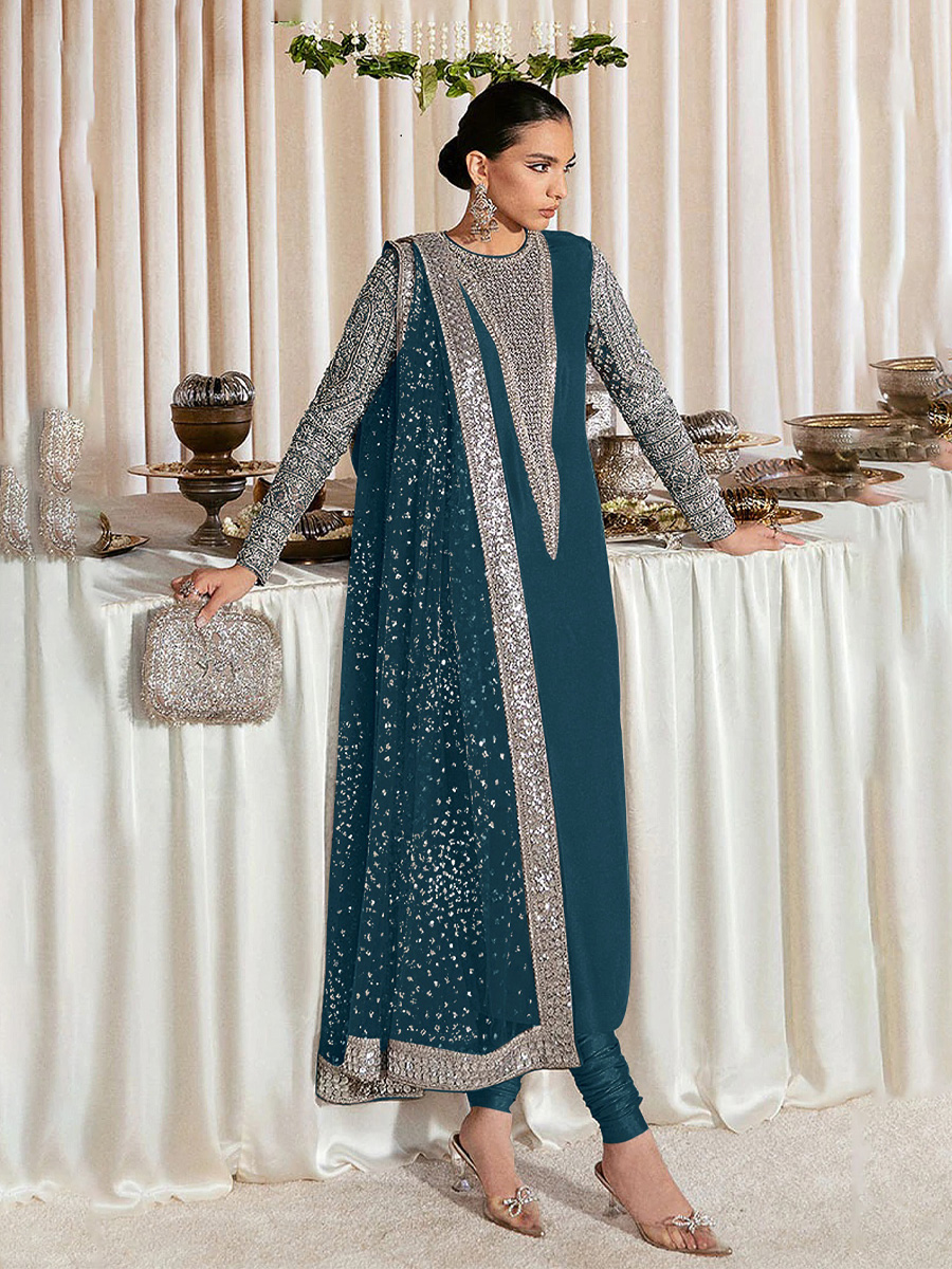 Teal Heavy Faux Georgette Embroidered Festival Party Pant Salwar Kameez