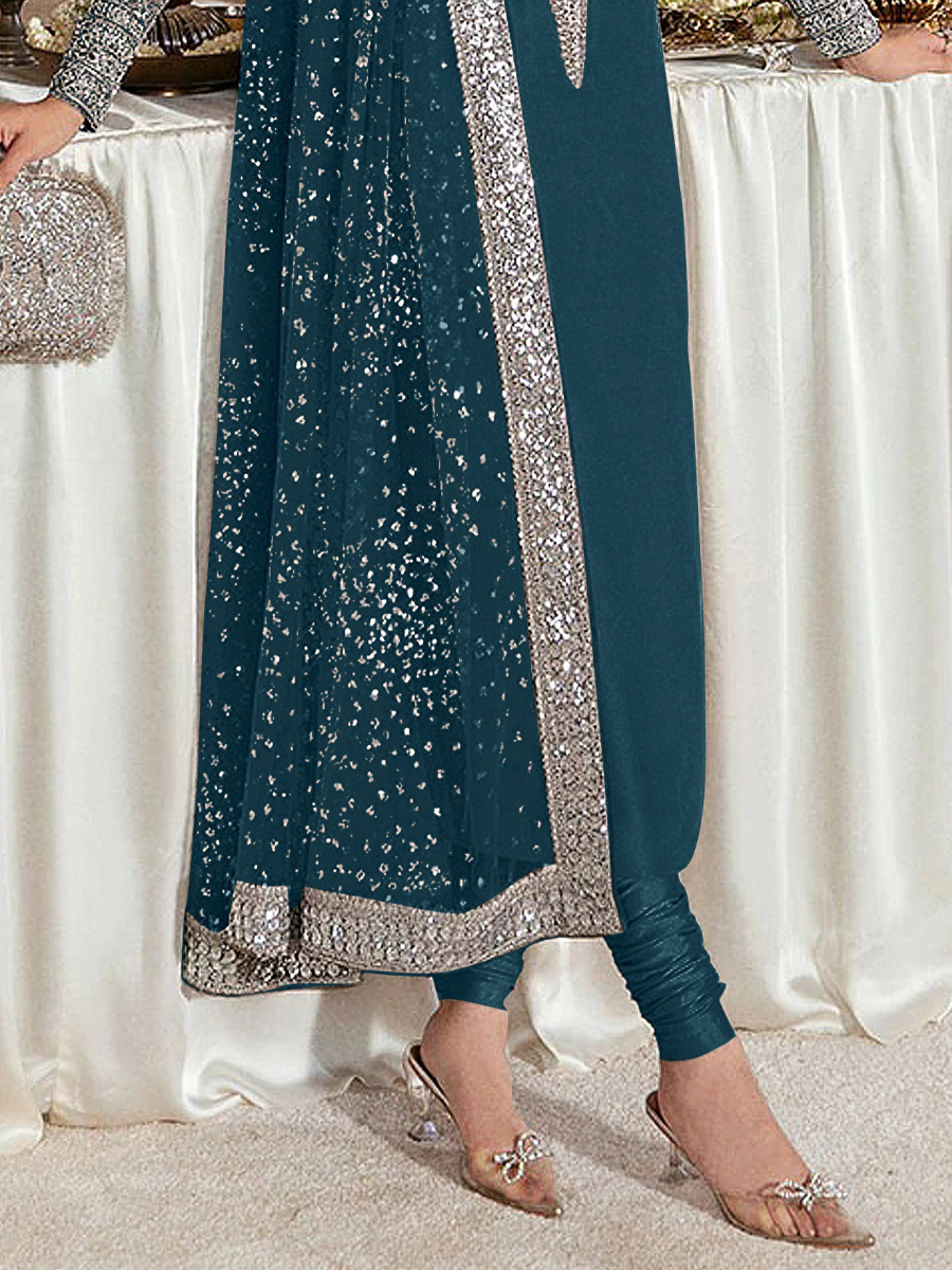 Teal Heavy Faux Georgette Embroidered Festival Party Pant Salwar Kameez