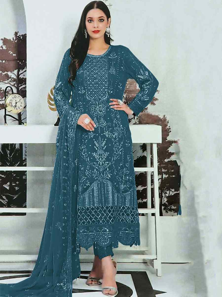 Teal Heavy Faux Georgette Embroidered Festival Party Pant Salwar Kameez