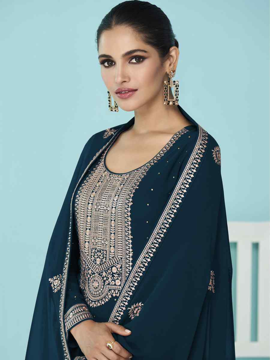 Teal Heavy Faux Georgette Embroidered Festival Party Pant Salwar Kameez