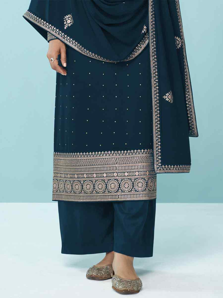 Teal Heavy Faux Georgette Embroidered Festival Party Pant Salwar Kameez