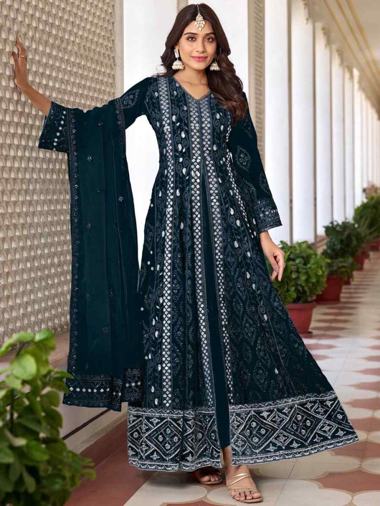 Teal Heavy Faux Georgette Embroidered Festival Wedding Anarkali Salwar Kameez