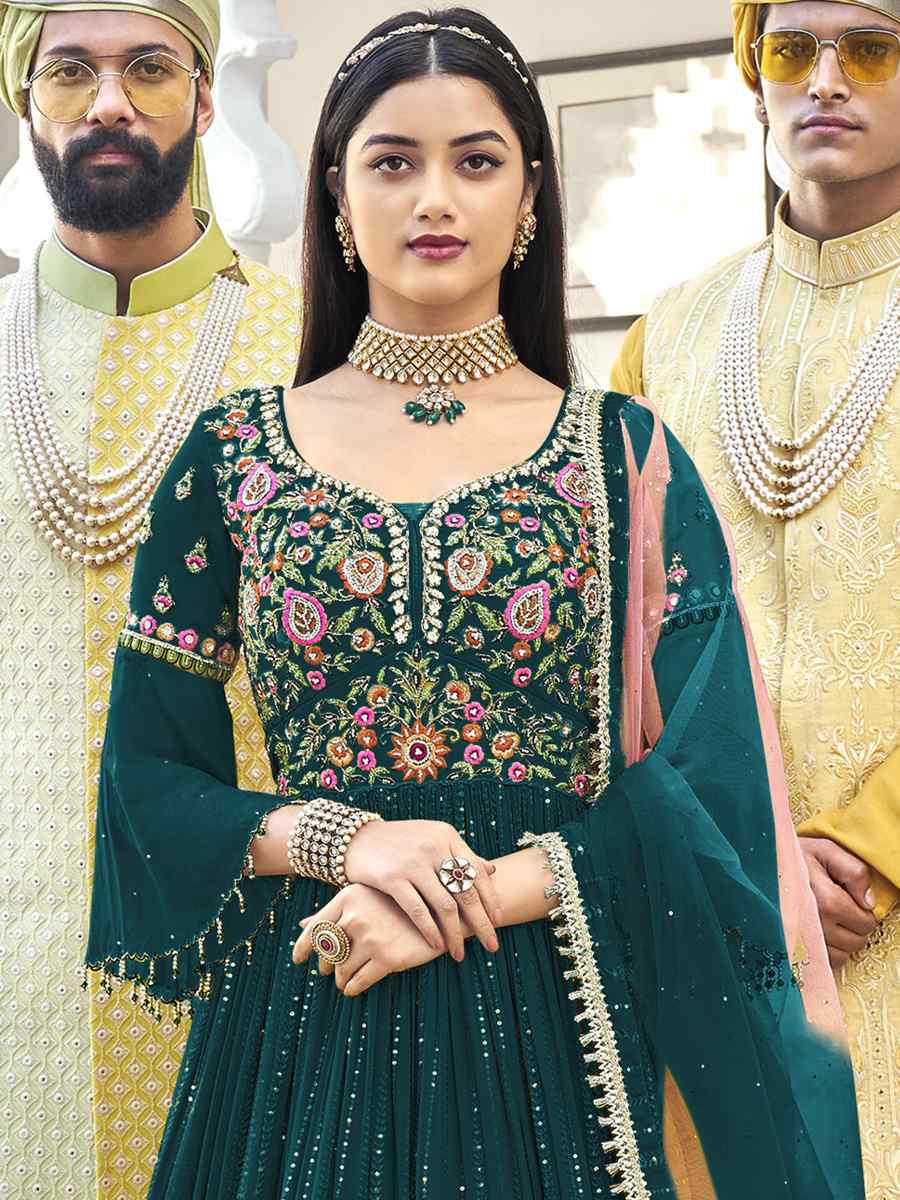 Teal Heavy Faux Georgette Embroidered Festival Wedding Anarkali Salwar Kameez