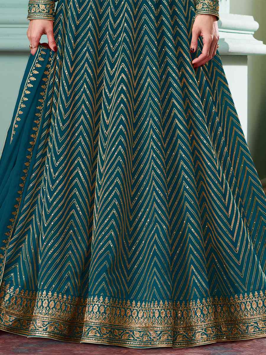 Teal Heavy Faux Georgette Embroidered Festival Wedding Bollywood Style Anarkali Salwar Kameez