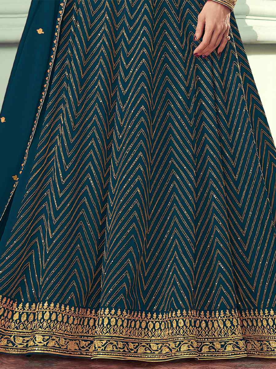 Teal Heavy Faux Georgette Embroidered Festival Wedding Bollywood Style Anarkali Salwar Kameez