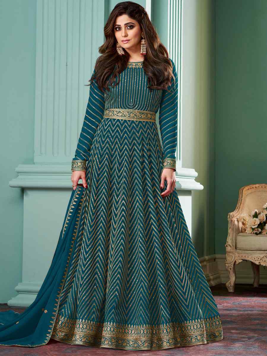 Teal Heavy Faux Georgette Embroidered Festival Wedding Bollywood Style Anarkali Salwar Kameez