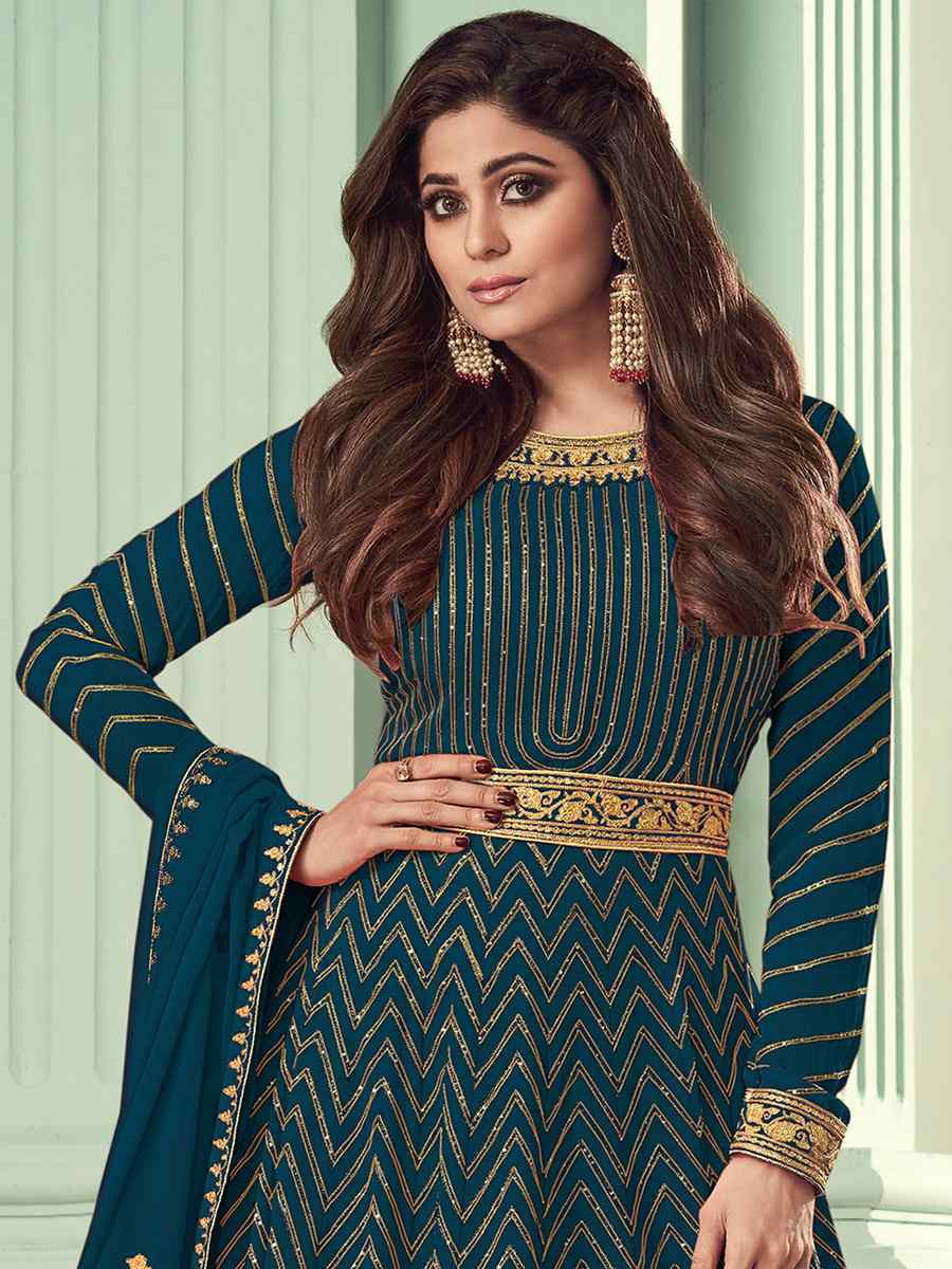 Teal Heavy Faux Georgette Embroidered Festival Wedding Bollywood Style Anarkali Salwar Kameez
