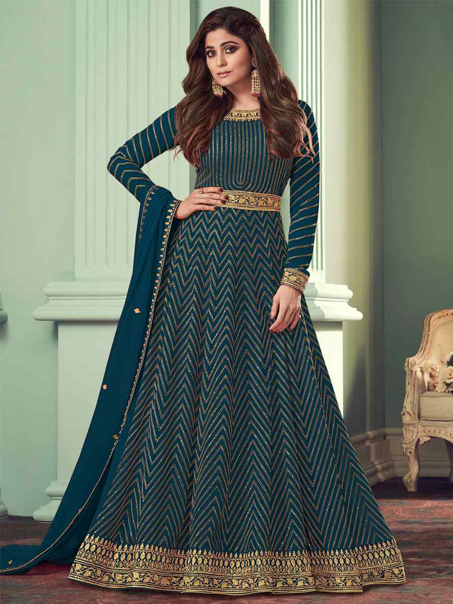 Teal Heavy Faux Georgette Embroidered Festival Wedding Bollywood Style Anarkali Salwar Kameez
