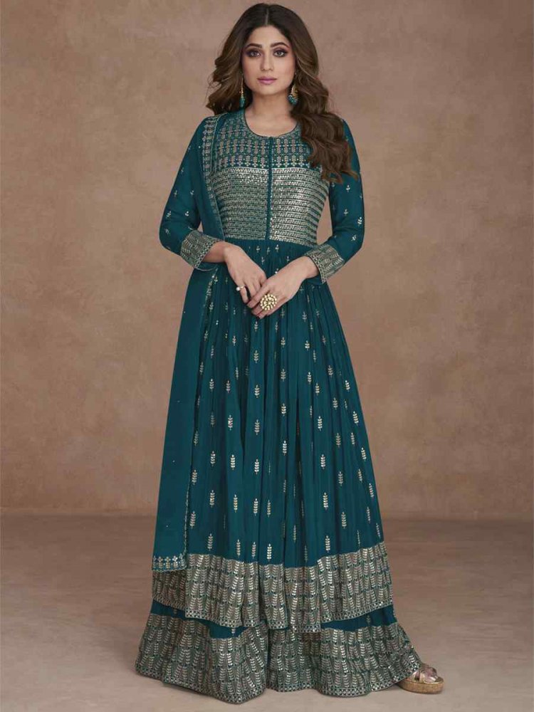 Teal Heavy Faux Georgette Embroidered Festival Wedding Palazzo Pant Bollywood Style Salwar Kameez