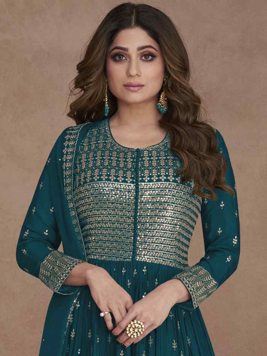 Teal Heavy Faux Georgette Embroidered Festival Wedding Palazzo Pant Bollywood Style Salwar Kameez