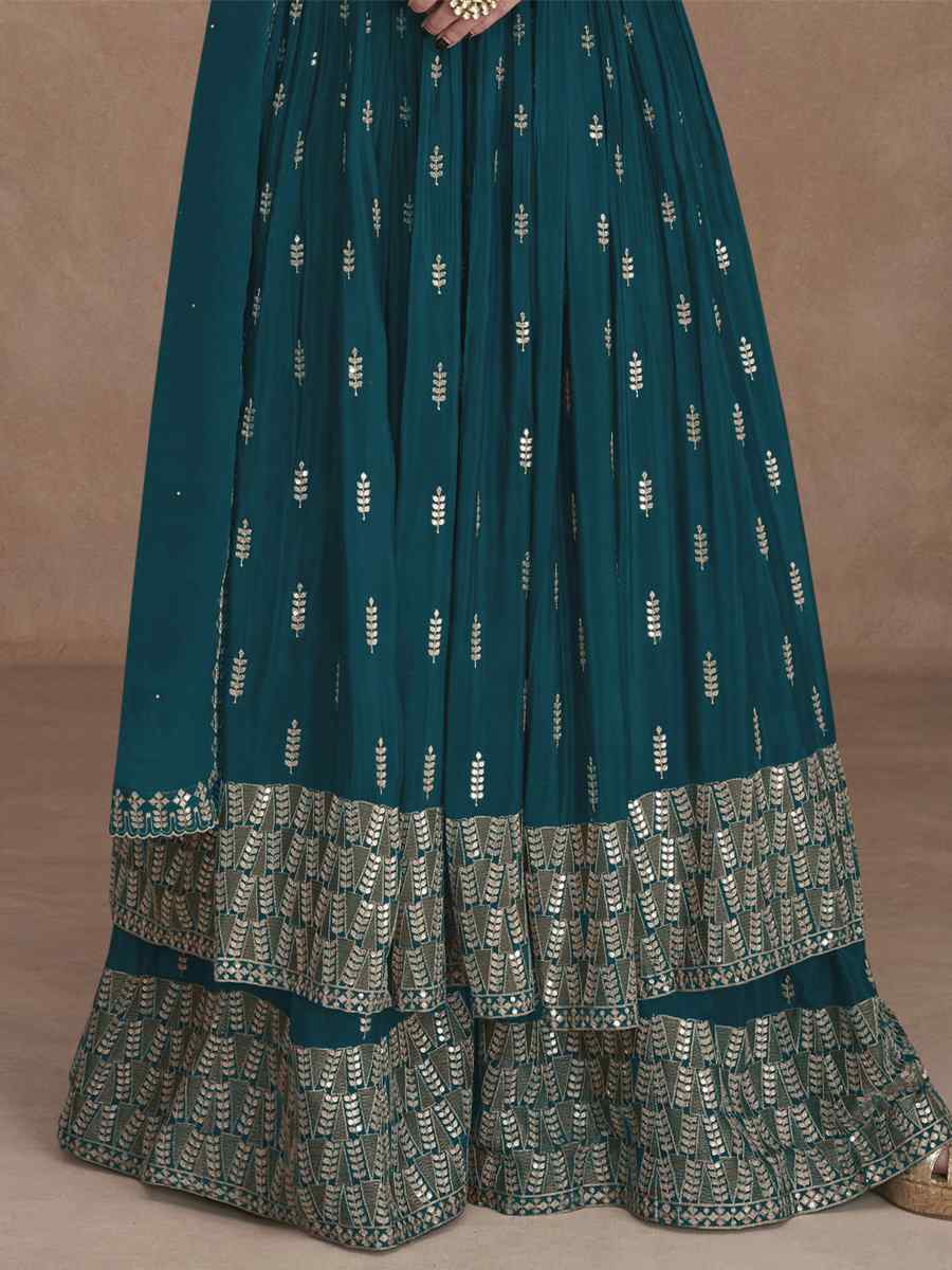 Teal Heavy Faux Georgette Embroidered Festival Wedding Palazzo Pant Bollywood Style Salwar Kameez