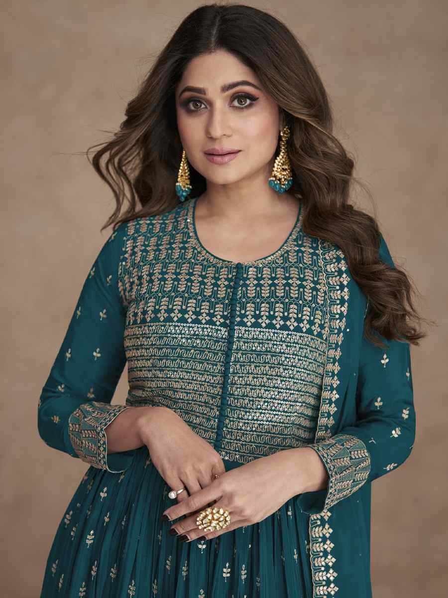 Teal Heavy Faux Georgette Embroidered Festival Wedding Palazzo Pant Bollywood Style Salwar Kameez