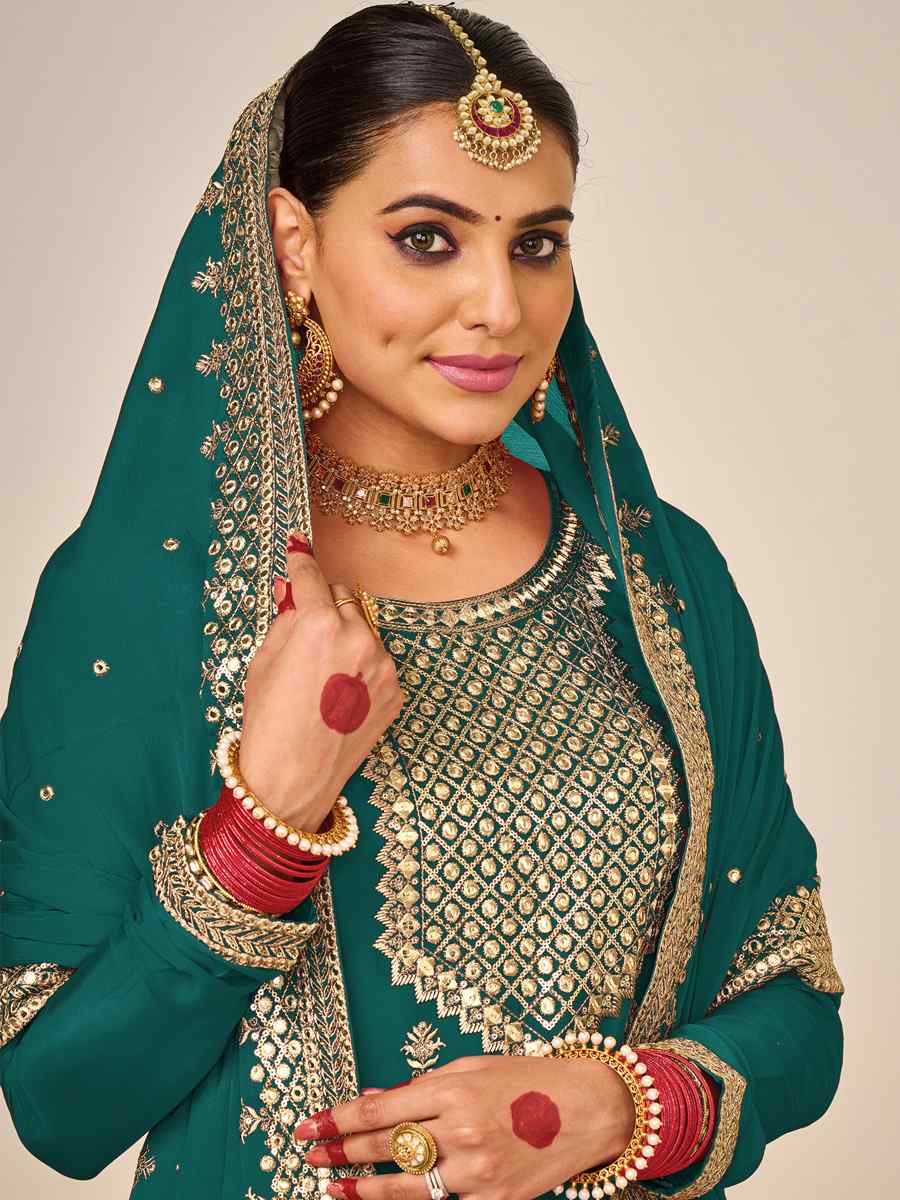 Teal Heavy Faux Georgette Embroidered Festival Wedding Palazzo Pant Salwar Kameez