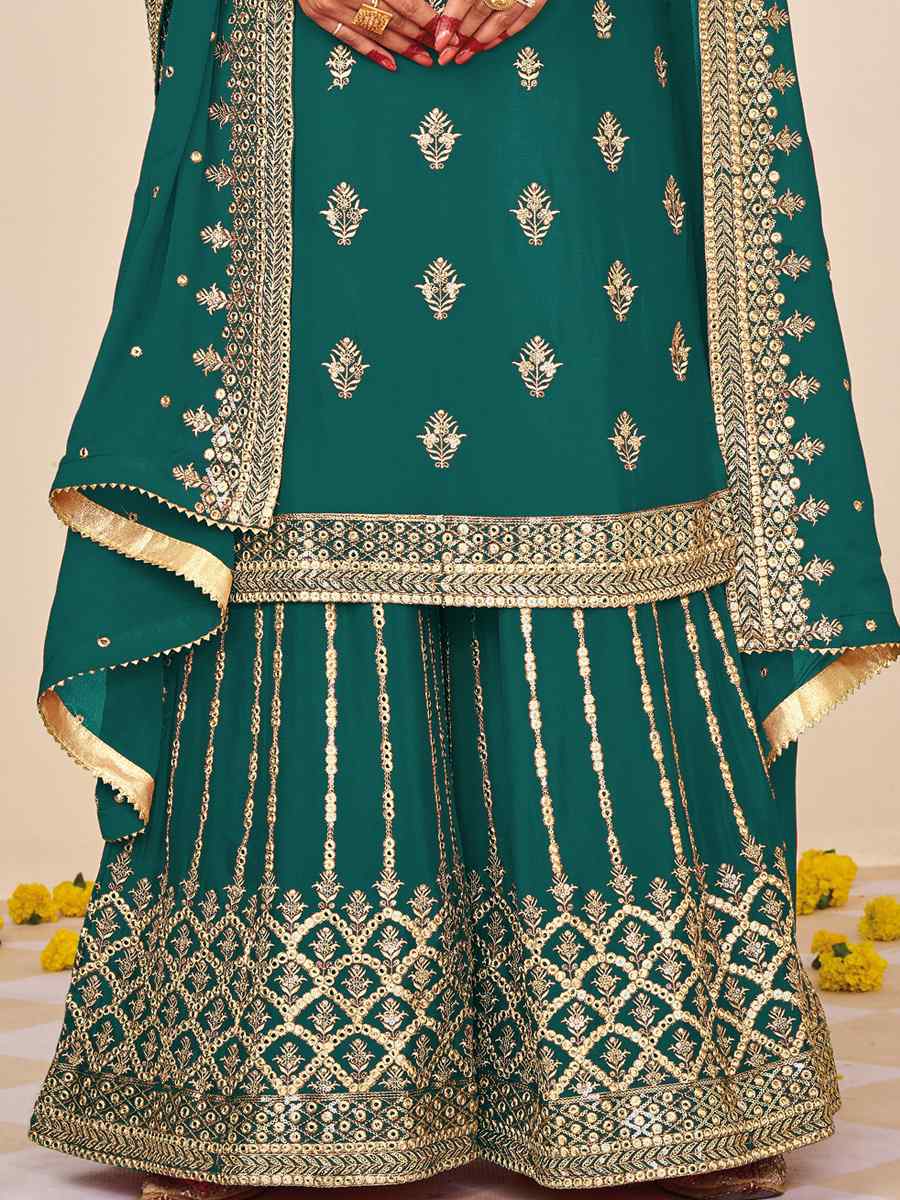 Teal Heavy Faux Georgette Embroidered Festival Wedding Palazzo Pant Salwar Kameez