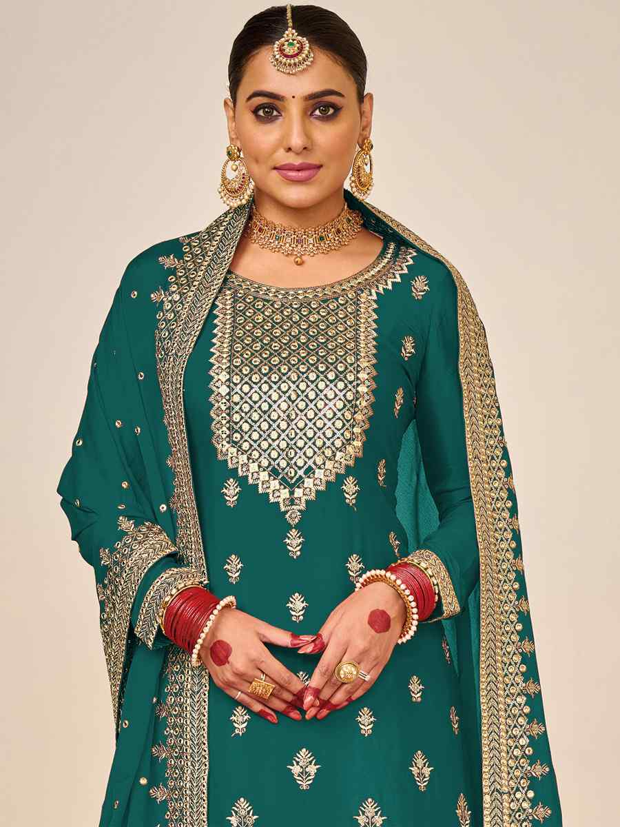 Teal Heavy Faux Georgette Embroidered Festival Wedding Palazzo Pant Salwar Kameez