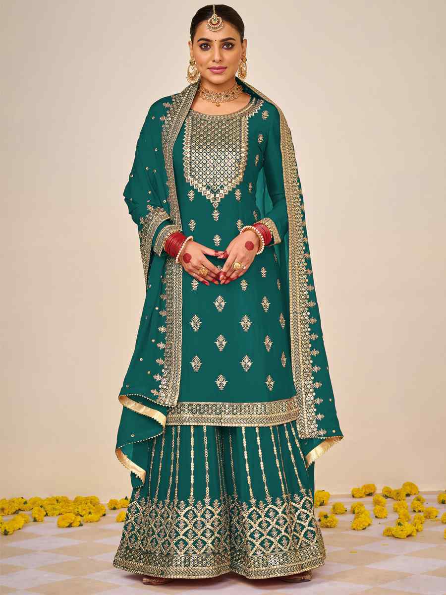 Teal Heavy Faux Georgette Embroidered Festival Wedding Palazzo Pant Salwar Kameez