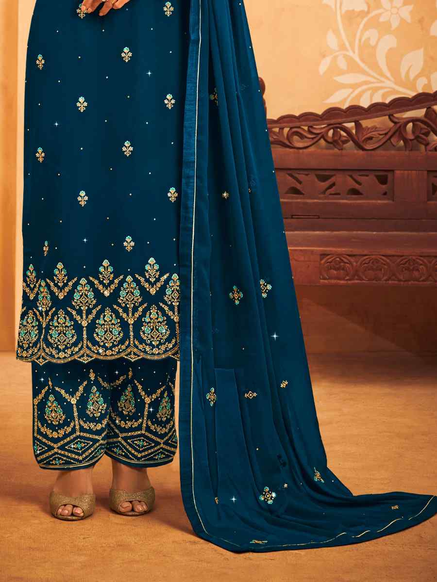 Teal Heavy Faux Georgette Embroidered Festival Wedding Pant Salwar Kameez