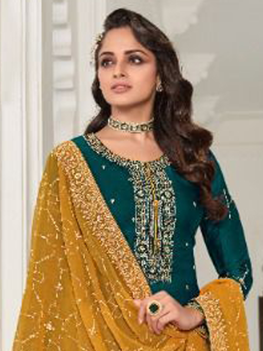 Teal Heavy Faux Georgette Embroidered Festival Wedding Pant Salwar Kameez