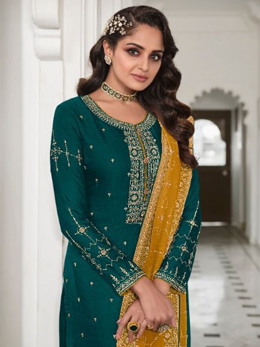 Teal Heavy Faux Georgette Embroidered Festival Wedding Pant Salwar Kameez