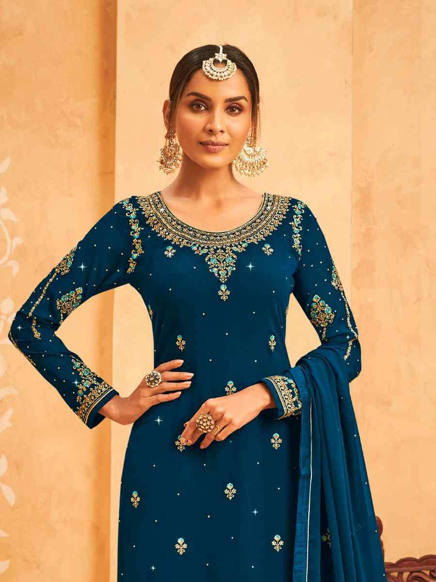 Teal Heavy Faux Georgette Embroidered Festival Wedding Pant Salwar Kameez