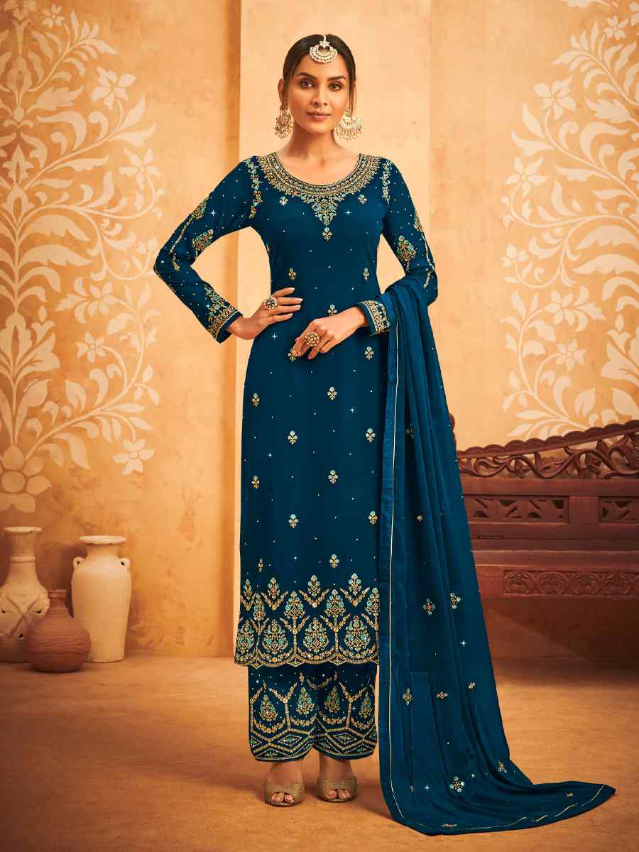 Teal Heavy Faux Georgette Embroidered Festival Wedding Pant Salwar Kameez