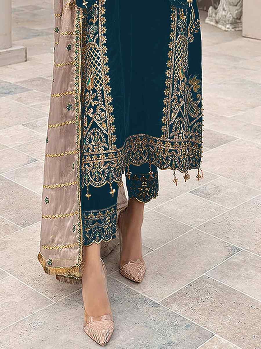 Teal Heavy Faux Georgette Embroidered Festival Wedding Pant Salwar Kameez