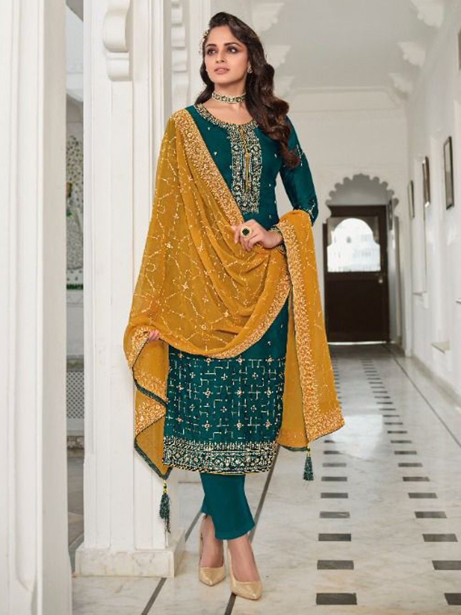 Teal Heavy Faux Georgette Embroidered Festival Wedding Pant Salwar Kameez