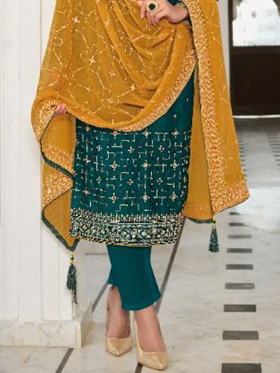 Teal Heavy Faux Georgette Embroidered Festival Wedding Pant Salwar Kameez