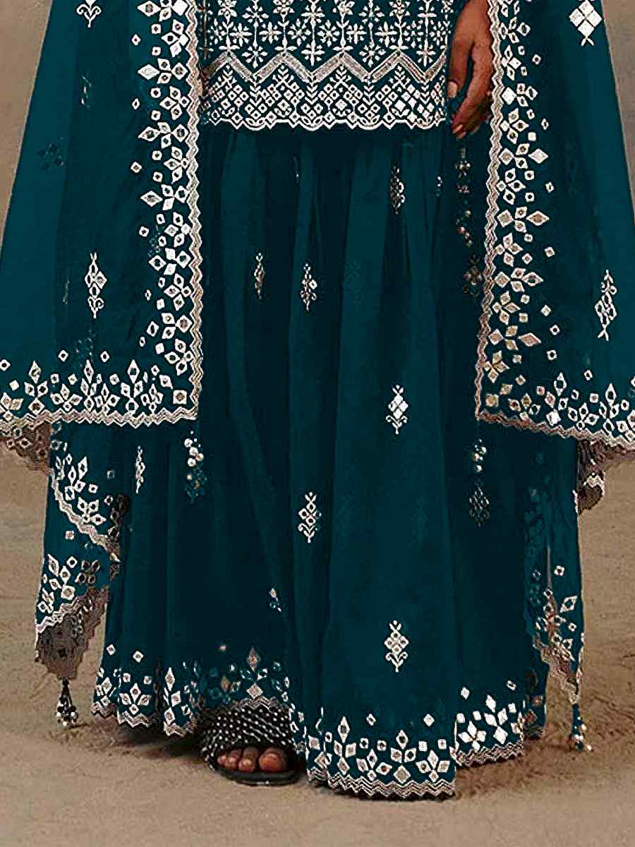 Teal Heavy Faux Georgette Embroidered Wedding Festival Palazzo Pant Salwar Kameez