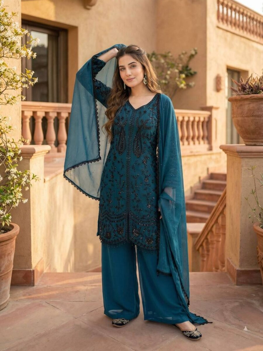 Teal Heavy Faux Georgette Embroidery Sequins Stone Work Wedding Party Festival Casual Ready Palazzo Pant Salwar Kameez