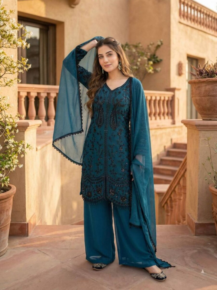 Image of Teal Heavy Faux Georgette Embroidery Sequins Stone Work Wedding Party Festival Casual Ready Palazzo Pant Salwar Kameez