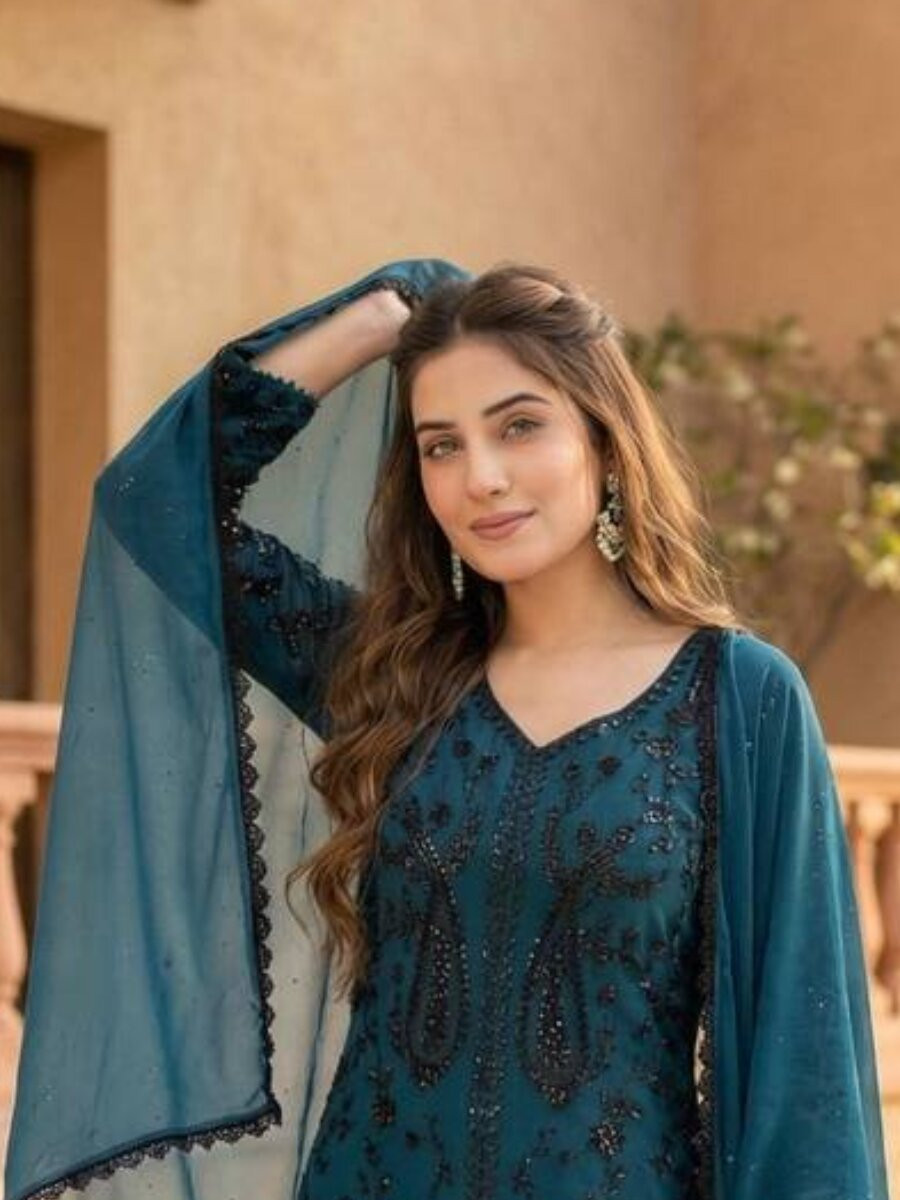 Teal Heavy Faux Georgette Embroidery Sequins Stone Work Wedding Party Festival Casual Ready Palazzo Pant Salwar Kameez