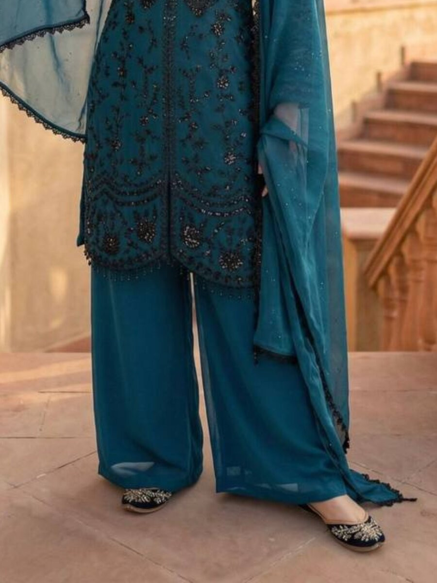 Teal Heavy Faux Georgette Embroidery Sequins Stone Work Wedding Party Festival Casual Ready Palazzo Pant Salwar Kameez