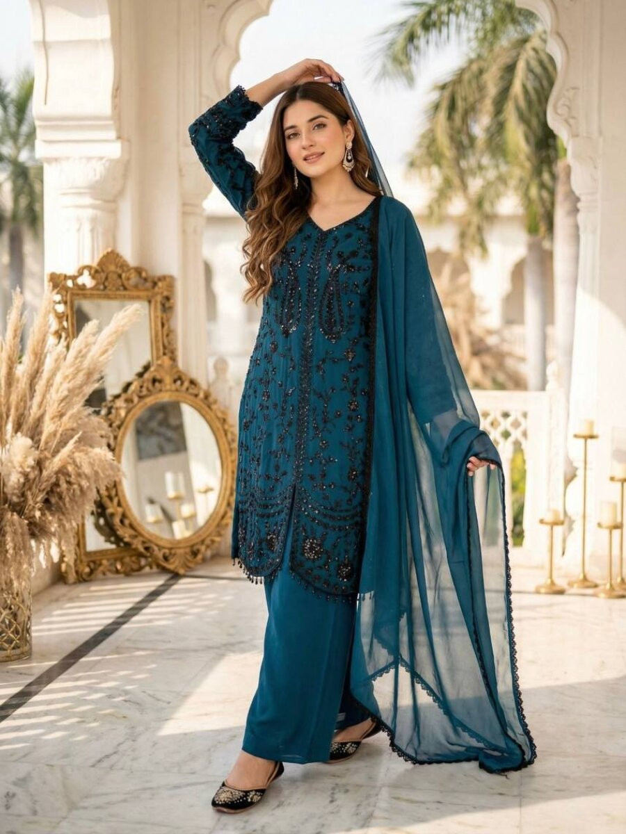 Teal Heavy Faux Georgette Embroidery Sequins Stone Work Wedding Party Festival Casual Ready Palazzo Pant Salwar Kameez