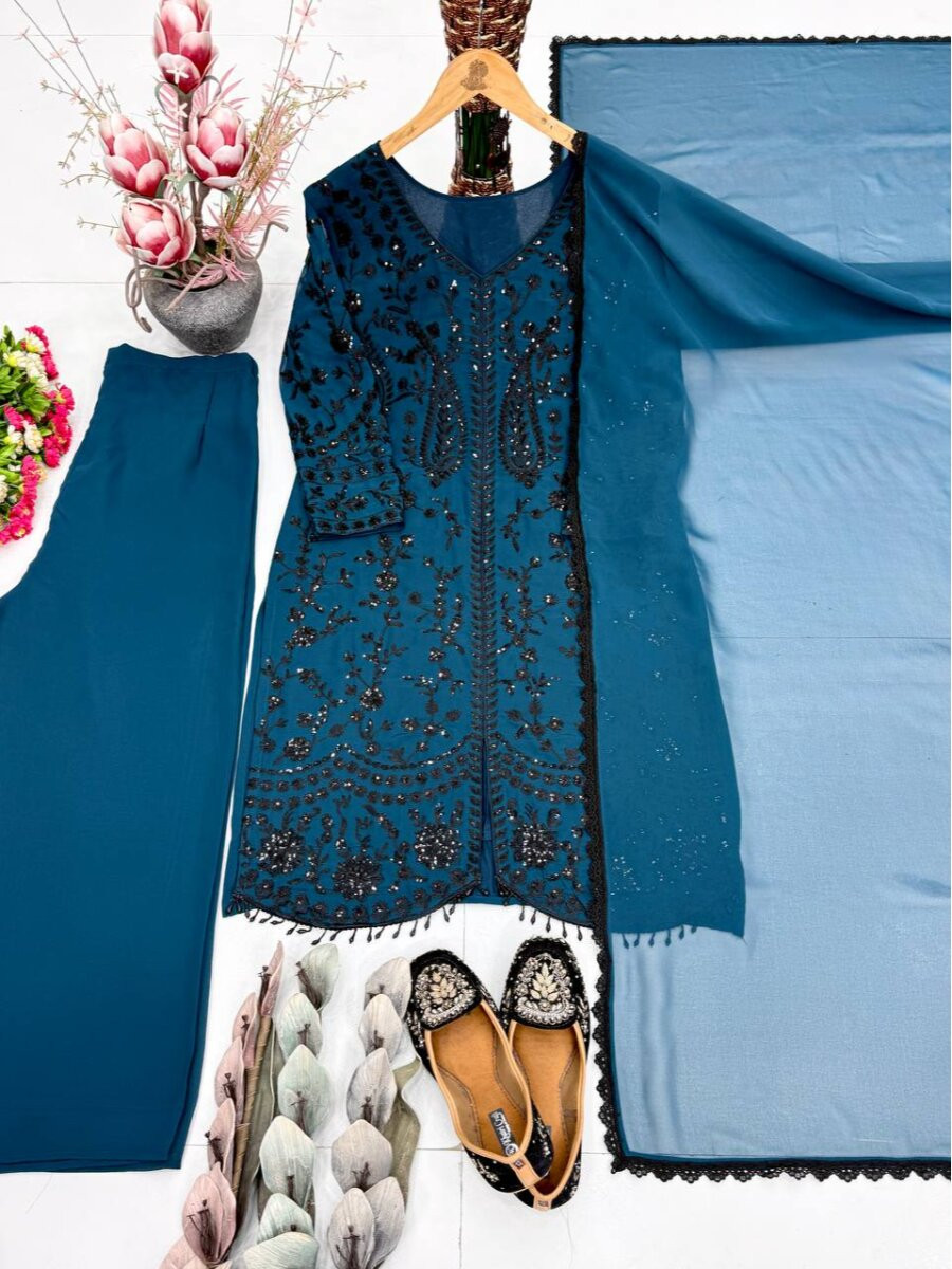 Teal Heavy Faux Georgette Embroidery Sequins Stone Work Wedding Party Festival Casual Ready Palazzo Pant Salwar Kameez
