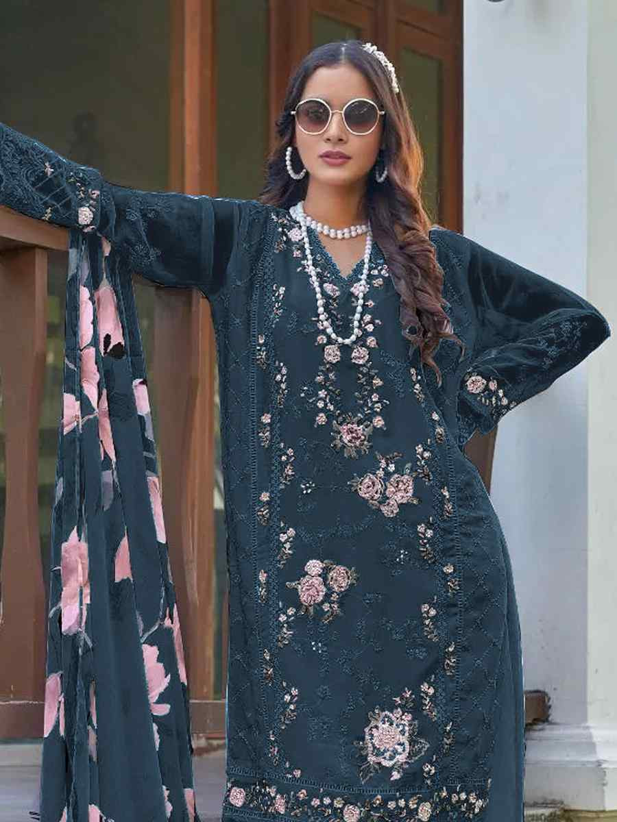 Teal Heavy Fox Georgette Embroidered Festival Wedding Pant Salwar Kameez