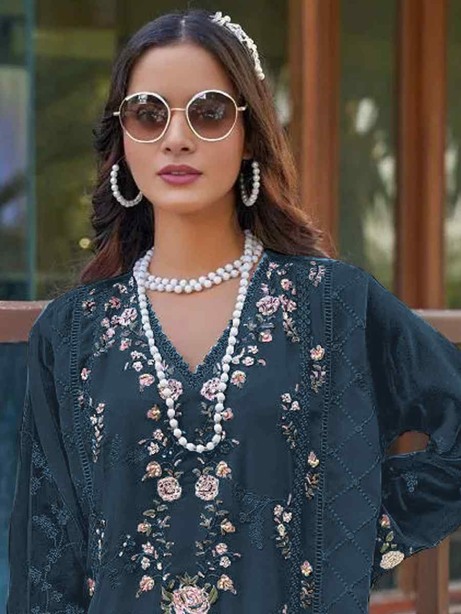 Teal Heavy Fox Georgette Embroidered Festival Wedding Pant Salwar Kameez