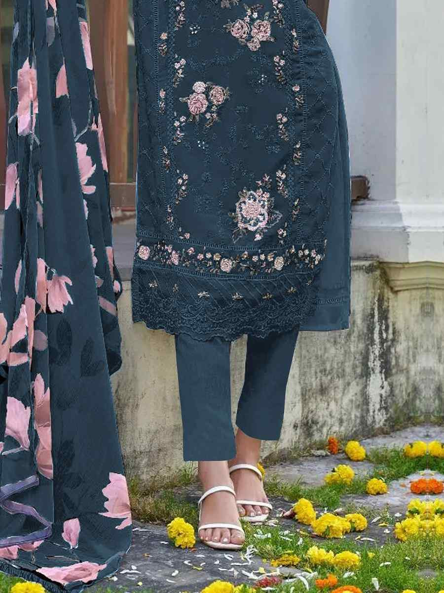 Teal Heavy Fox Georgette Embroidered Festival Wedding Pant Salwar Kameez