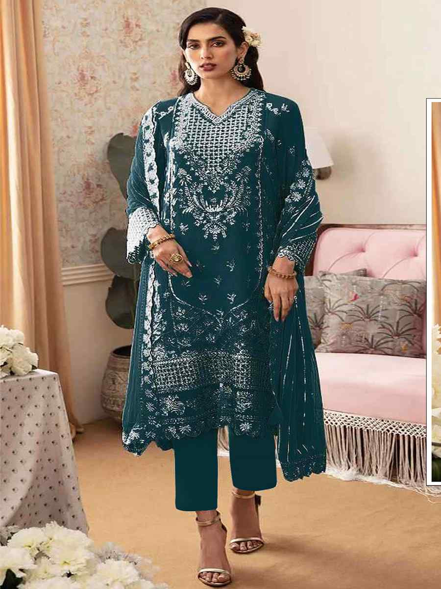 Teal Heavy Fox Georgette Embroidered Festival Wedding Sharara Pant Salwar Kameez