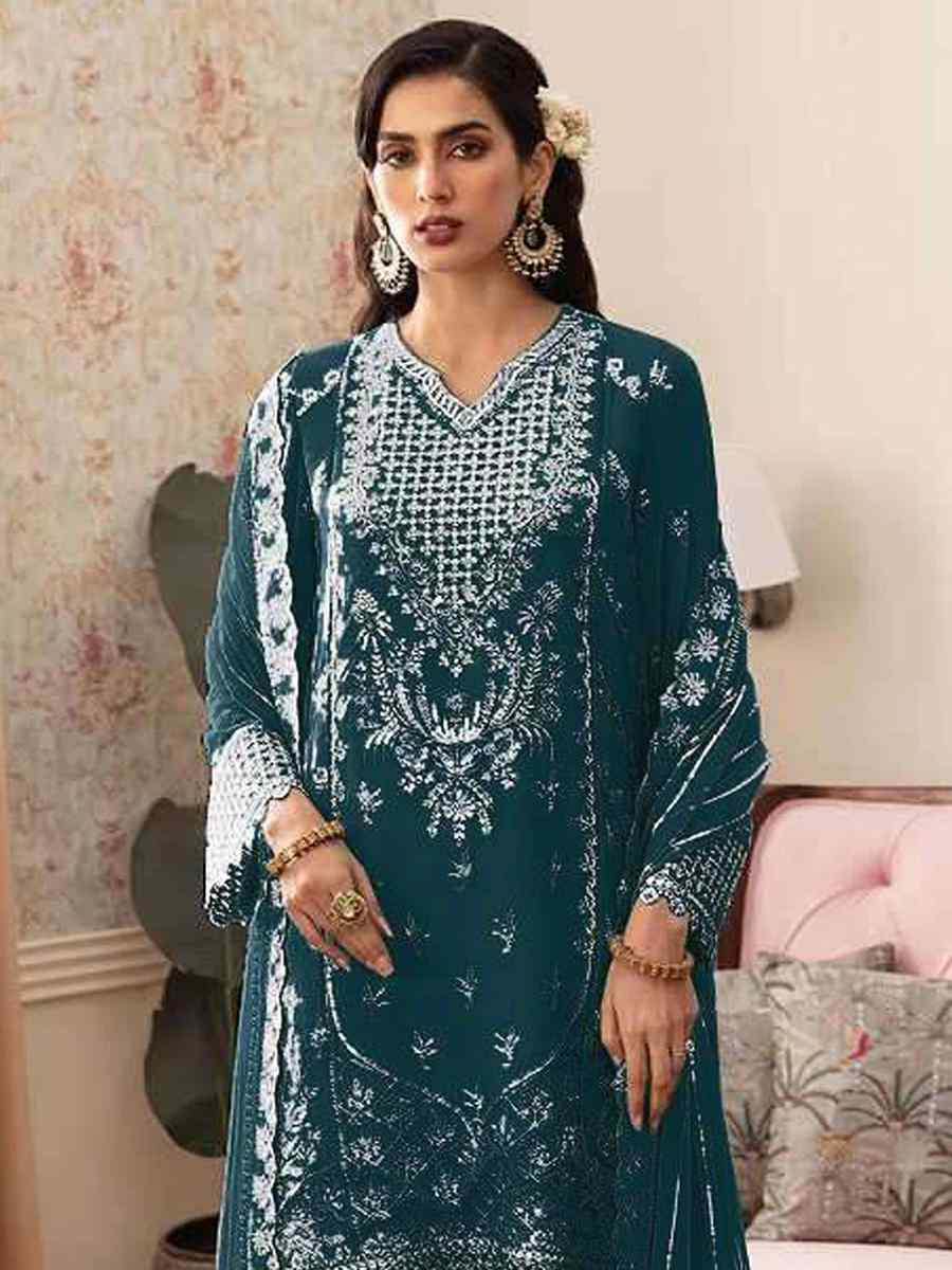 Teal Heavy Fox Georgette Embroidered Festival Wedding Sharara Pant Salwar Kameez