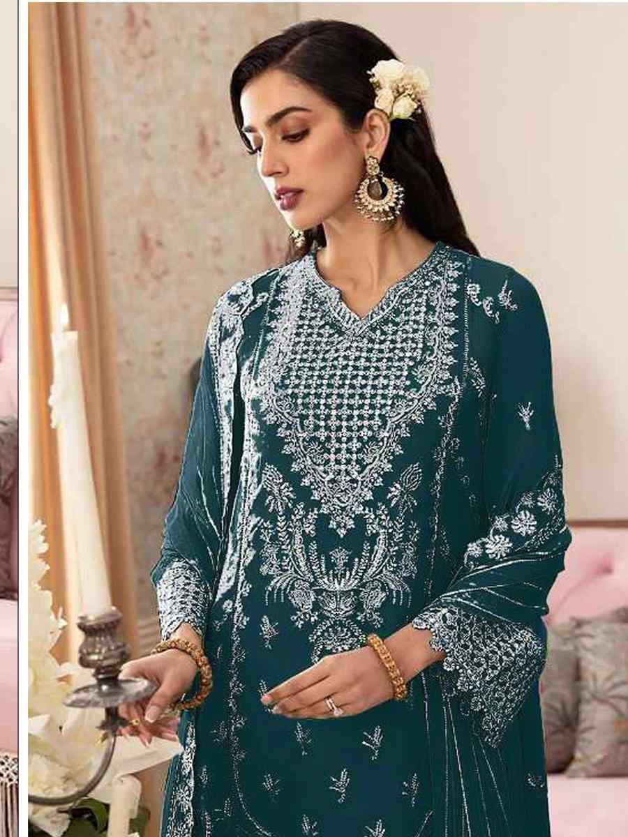 Teal Heavy Fox Georgette Embroidered Festival Wedding Sharara Pant Salwar Kameez