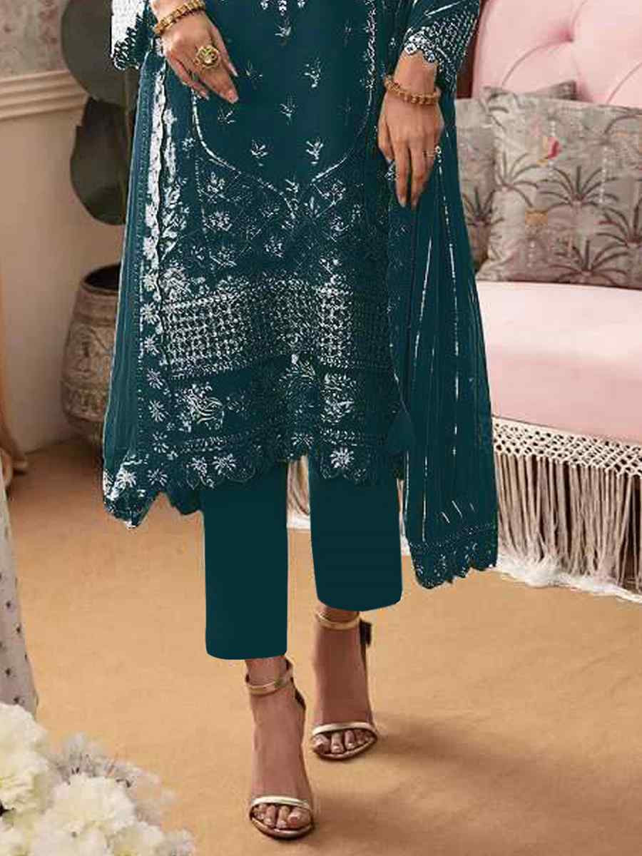 Teal Heavy Fox Georgette Embroidered Festival Wedding Sharara Pant Salwar Kameez