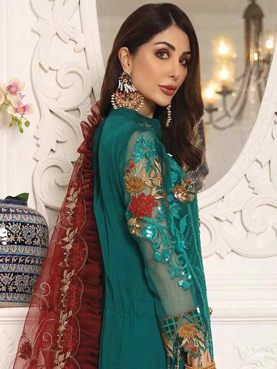 Teal Heavy Georgette Embroidered Festival Party Pant Salwar Kameez