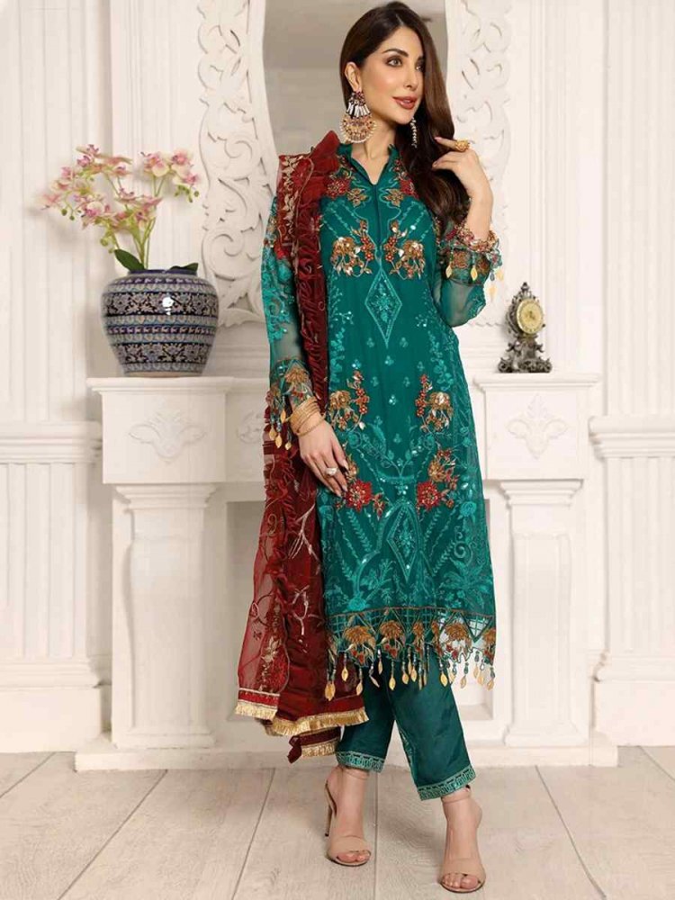 Teal Heavy Georgette Embroidered Festival Party Pant Salwar Kameez